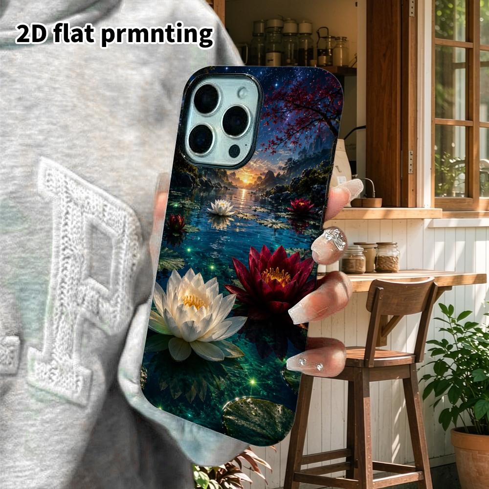 Чехол для телефона: 2D плоский дизайн, подходящий для iPhone 18, 17, 16, 15, 14, 13 Pro, защитный чехол-пленка, стиль для пары, пруд с лотосами, звезда и луна, Рождество и