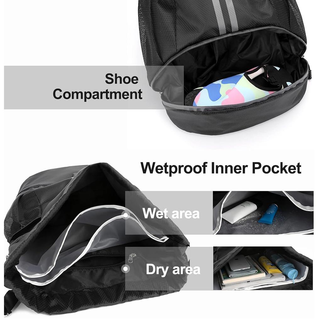 Sports Drawstring Backpack Bag with Shoes Compartment Wet Proof Pocket for Women Men Large Capacity String Swim Gym Sackpack Bag