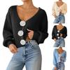 Women's Solid Color Button-Up Cardigan Deep V-Neck Short Loose-Fitting Jacket Casual Top