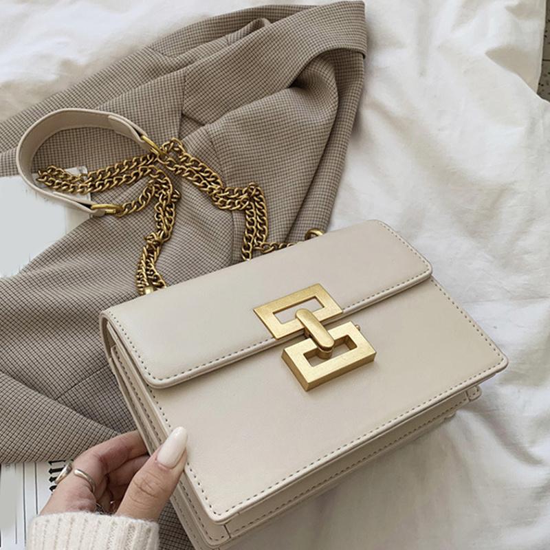 Minimalist Metal Decor Chain Single Shoulder Bag Square Elegant PU Crossbody Bag Woman's Trendy Flap Handbags Phone Purse CLE