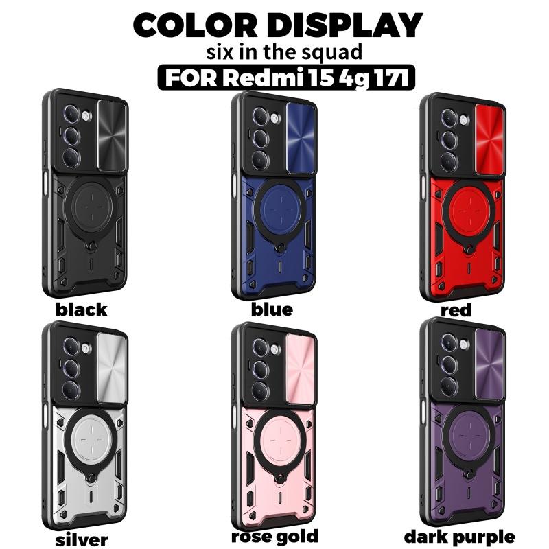For Xiaomi Redmi 15 4G 171mm Case Slide Lens Protect Armor Shockproof Phone Case Coque For Redmi 15 4G 171mm Ring Holder Cover