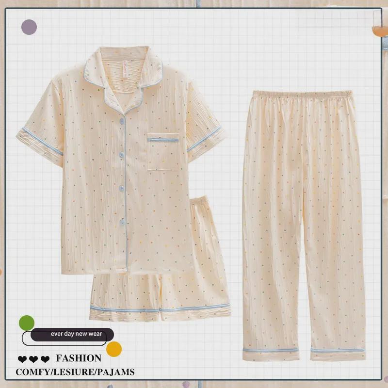 Летняя пижамная одежда Dopamine Pink Striped из хлопкового крепа - женская, с короткими рукавами, из трех предметов