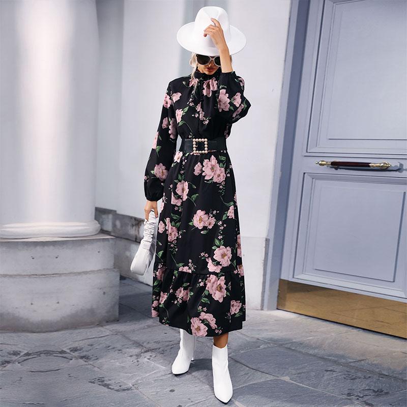 YYFS Women's Fashion Flower Pattern Print Long Sleeve High Neck High Waist Casual Dresses