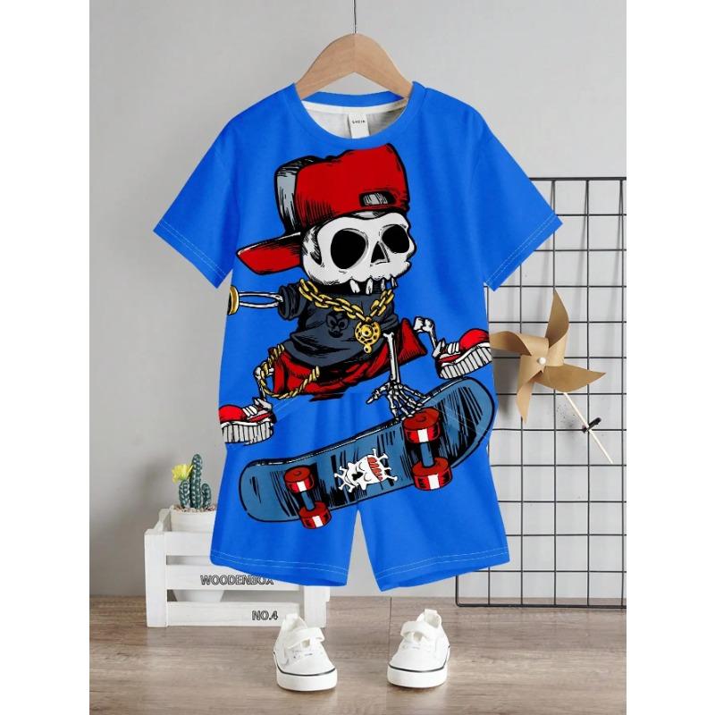 Superhero & Young Boy Casual Cartoon Patterned Short Sleeve Round Neck Top And Shorts Set, Suitable For Summer