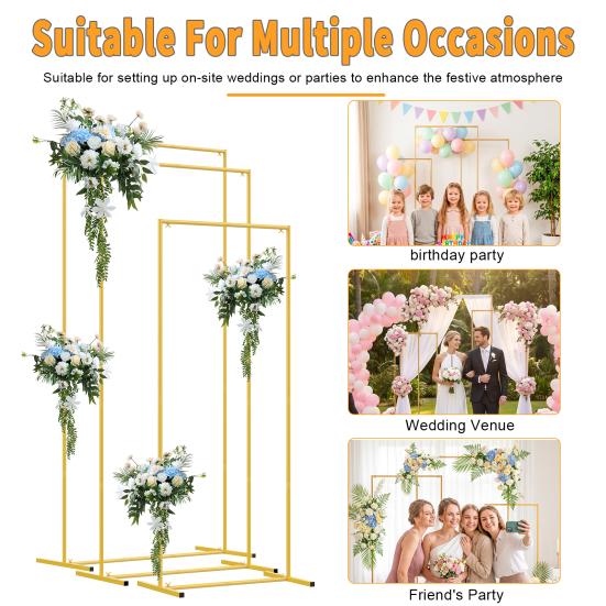 Gold Wedding Arch Backdrop Stand Square Stand, Set of 3, 6.6FT + 5.9FT +4.9FT, Metal Balloon and Flower Frame for Birthday Party, Baby Shower,