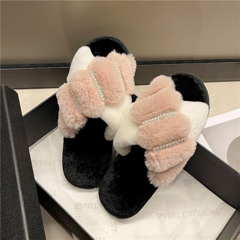 Женские пушистые тапочки для дома Осень Зима Однотонные Нескользящие Повседневные Комнатные Балетки Блестящие Клепки Домашняя Обувь Женские Шлепанцы Теплая Обувь