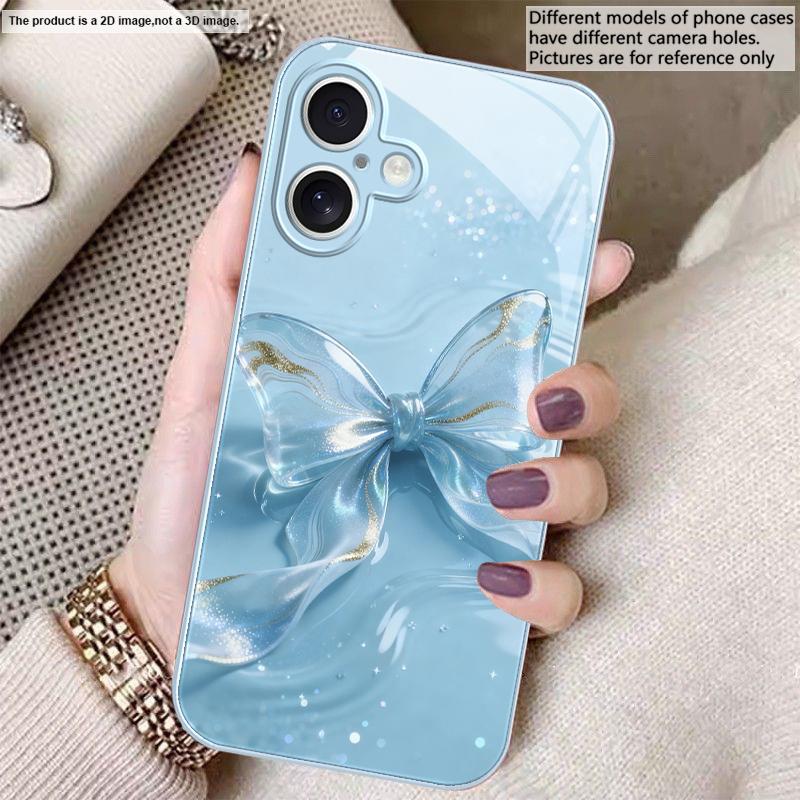 Прозрачный хрустальный бант Для iPhone 17 Air 16E 15 14 13 Plus 12 mini 17 Pro Max 11Pro XR X 16E 7 8 11 Закаленное стекло Чехол для телефона