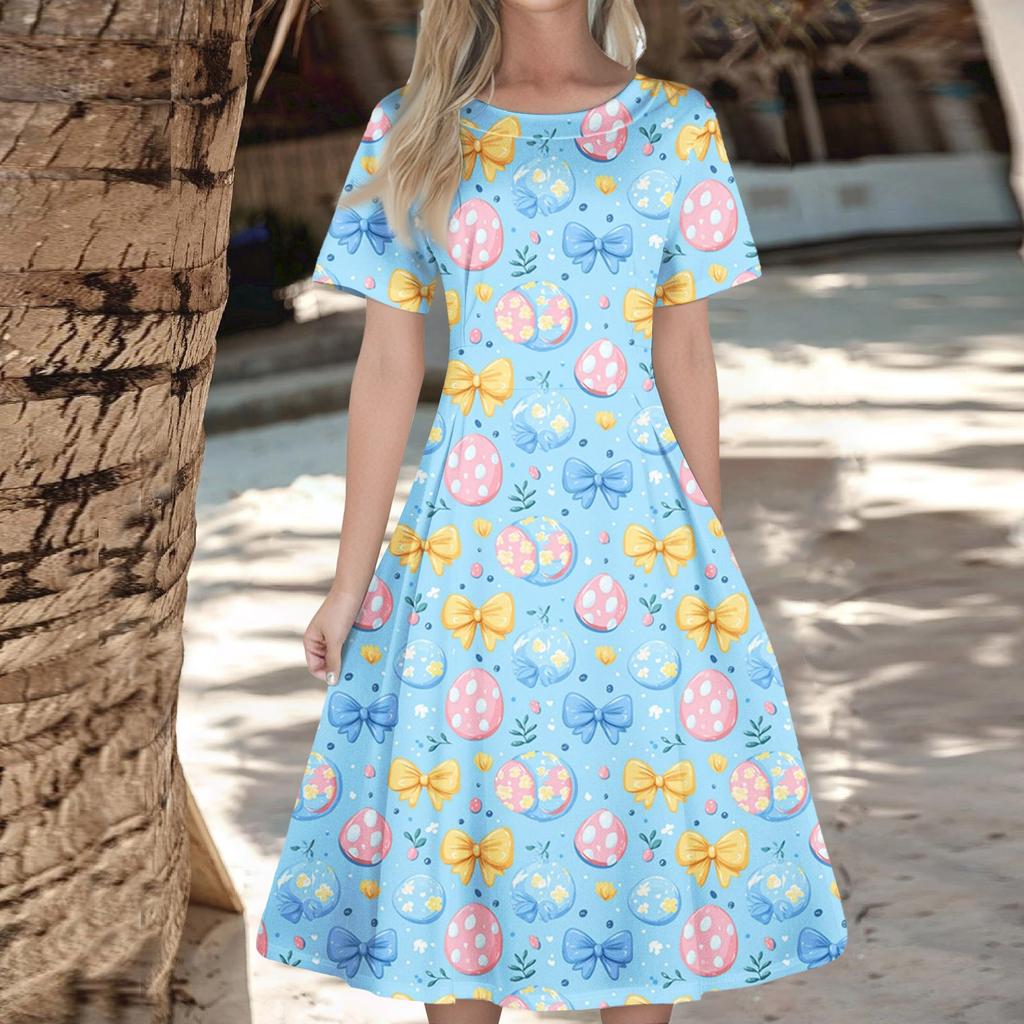 Женское повседневное модное платье с пасхальным принтом, круглое платье с коротким рукавом и талией, средней длины (с молнией)