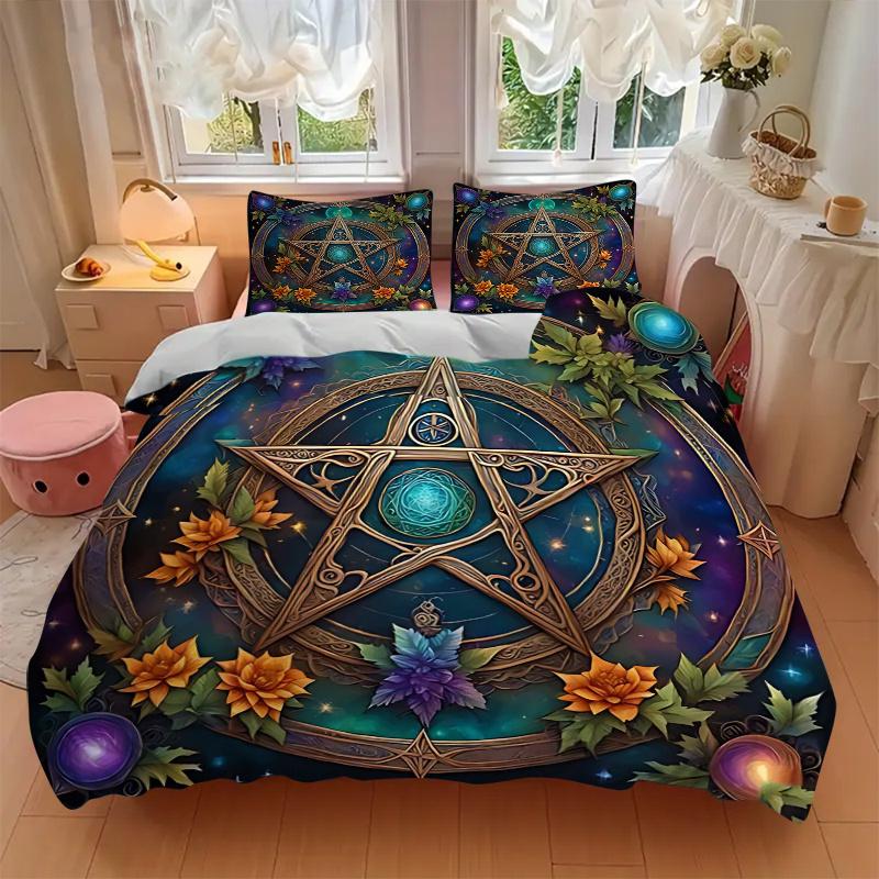 3pcs Mystic Pentagram Enchanted Pattern Bedding Set, 1* Cover + 2*Pillowcases, Printed Bedding Set, Soft and Comfortable, Suitable for Bedroom an