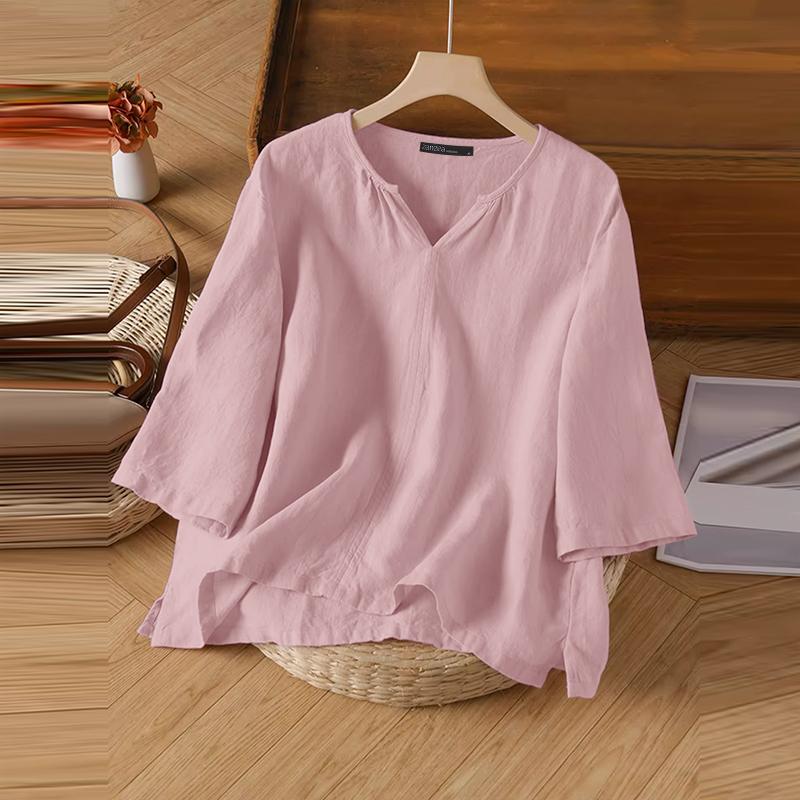ZANZEA Женская свободная повседневная хлопковая блузка с V-образным вырезом и рукавом 3/4