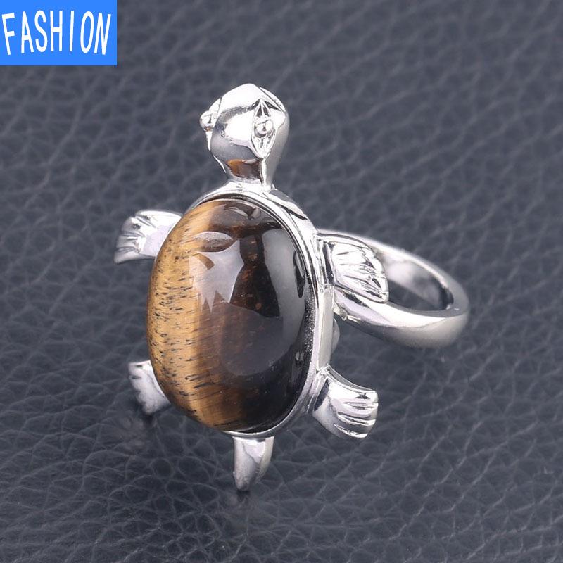 Симпатичное кольцо с натуральным кристаллом и черепахой, регулируемое открывающееся кольцо для женщин