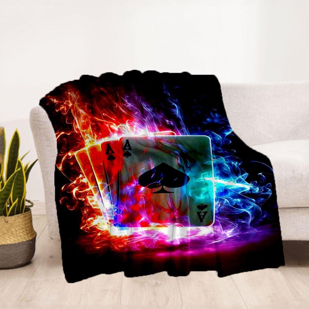 "Flaming Ace of Spades Playing Cards - Neon Poker Deck"Blanket Flannel Throw Blanket for Sofa, Bed, Travel, Camping, Office