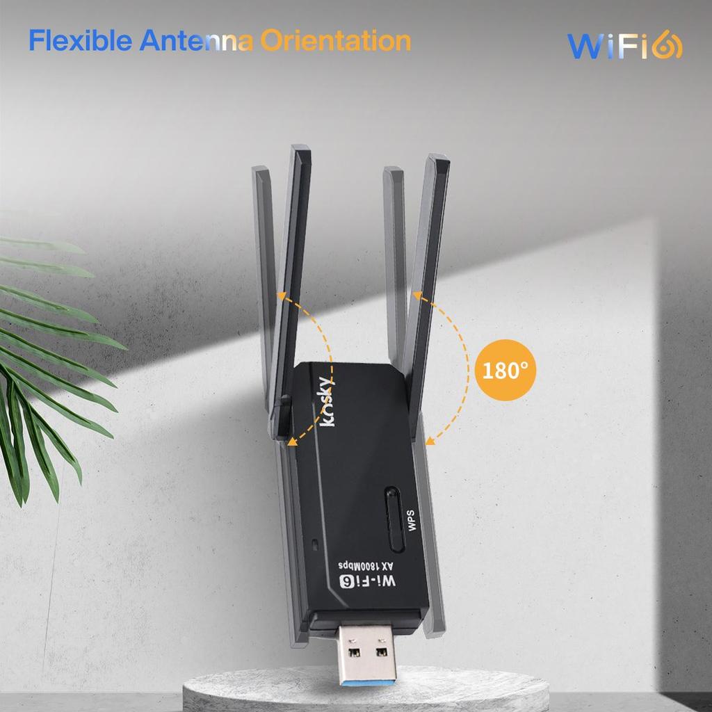 Беспроводной USB Wi-Fi адаптер Kosky WiFi 6 двухдиапазонный 1800 Мбит/с 802.11ax USB3.0 Увеличьте скорость интернета до 600 Мбит/с Беспроводной USB Wi-Fi адаптер
