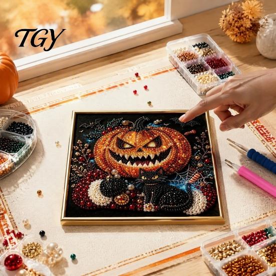 Educational Color Perception Toys Gothic Faux Pearl Art Kit, 3D Dark Evil Pumpkin Painting Handcrafted Home Wall Ornaments Spooky Castle Halloween DIY