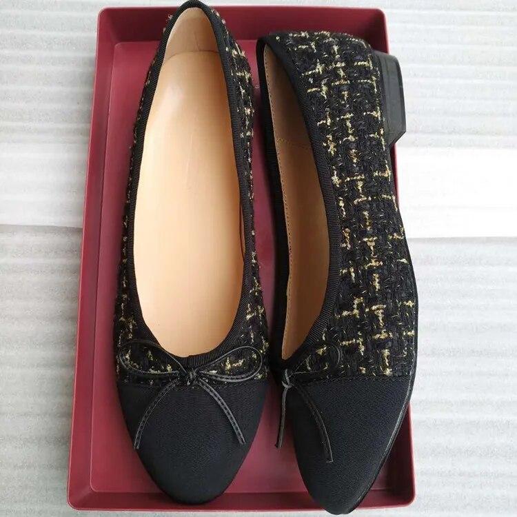 Ballet Flats Classic Shoes Women Basic 2024 Leather Tweed Cloth Two Color Splice Bow Round Ballet Shoe Fashion Flats Women Shoes