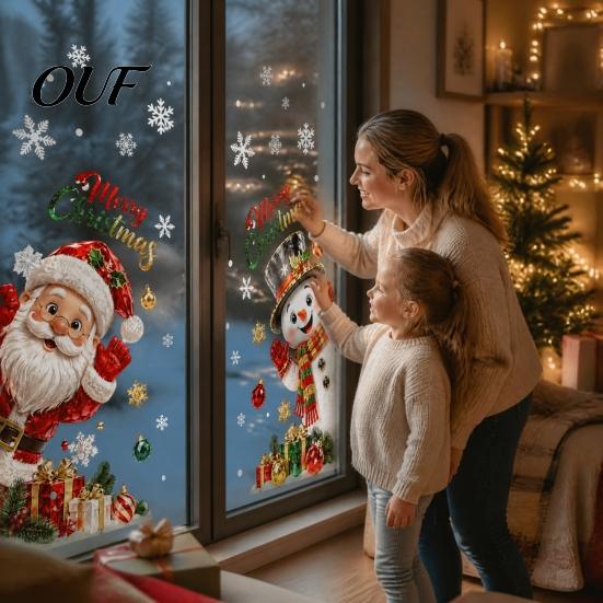 Festive Home Window Decor Christmas Static Clings, Santa Snowman PVC Stickers, Waterproof Glass Stickers Decals for Shop Holiday Decorations Snowflake