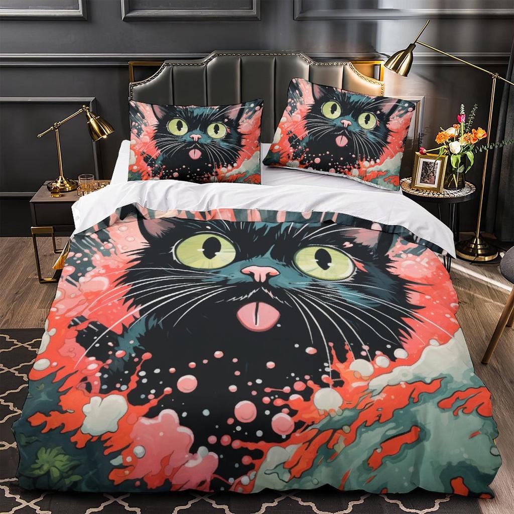 3D Cartoon Animal Bedding Set Cute Cat Down Duvet Cover Pillowcase 2/3pcs Girl Kids Women and Boys Cover
