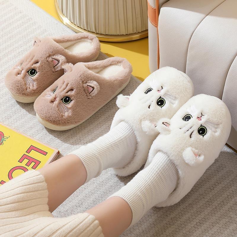 Cute Cat Slippers Fluffy Furry Women Home Platform Slippers Men Winter Plush Slides Indoor Fuzzy Slippers Lovely Cotton Shoes