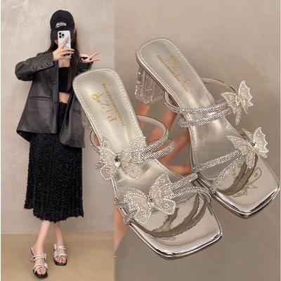 Модные хрустальные сандалии на прямых ремешках с бабочками, летние новинки, квадратный носок, открытый носок, вставляющиеся в ногу, нескользящие, прозрачный квадратный каблук, крутая шлепка