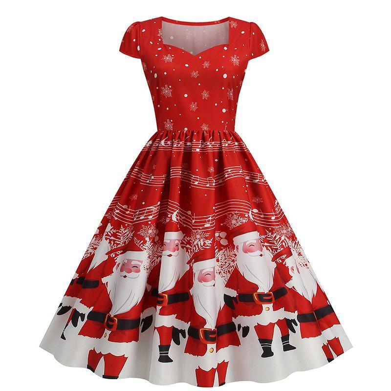 Women's Retro Positioning Print Short Sleeve Dress Christmas