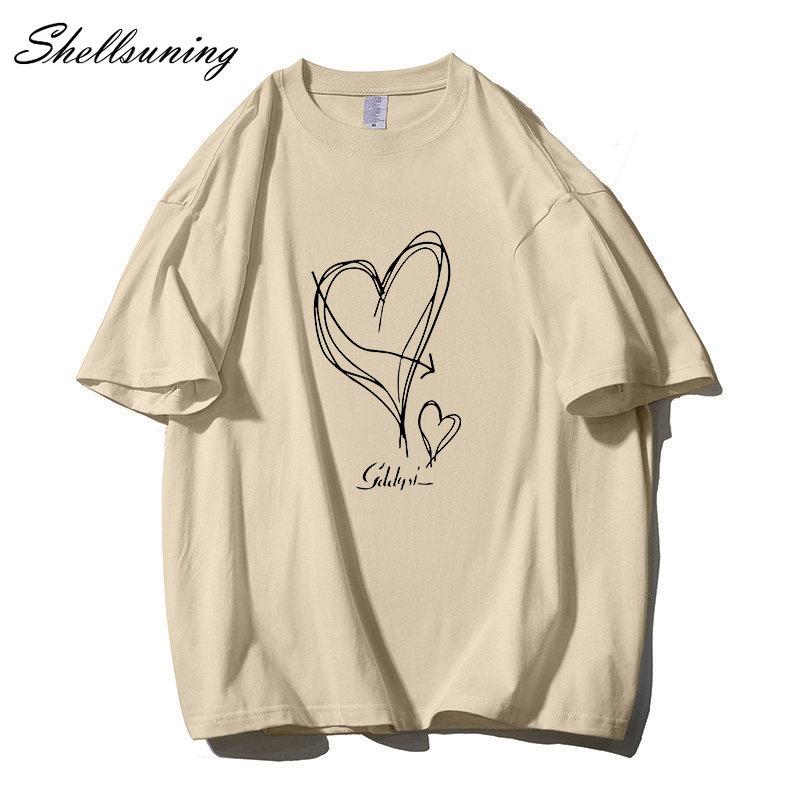 Shellsuning Kawaii футболки с принтом в виде сердца женские летние простые свободные футболки с круглым вырезом повседневные хлопковые женские топы на мягкой основе