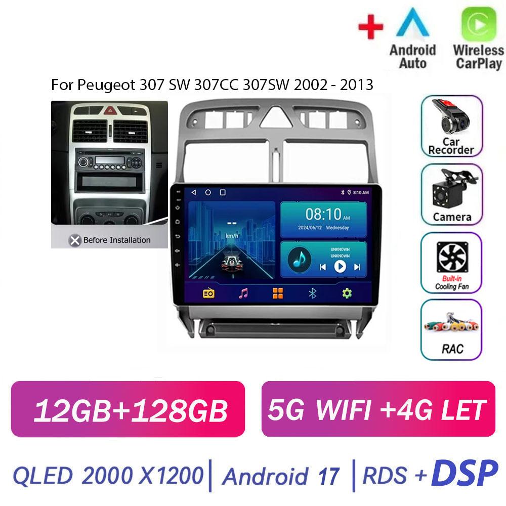 Autoradio Android 17 pour Peugeot 307 SW 307CC 307SW 2002 - 2013 Lecteur Vidéo Multimédia Navigation GPS Carplay Auto Head Unit