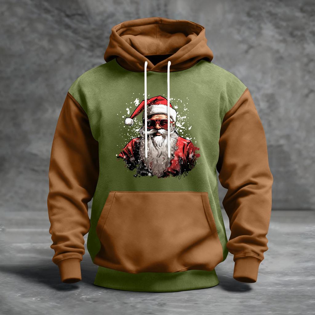 Мужской рождественский свитшот с капюшоном, повседневный, спортивный, удобный, с цветными блоками и принтом