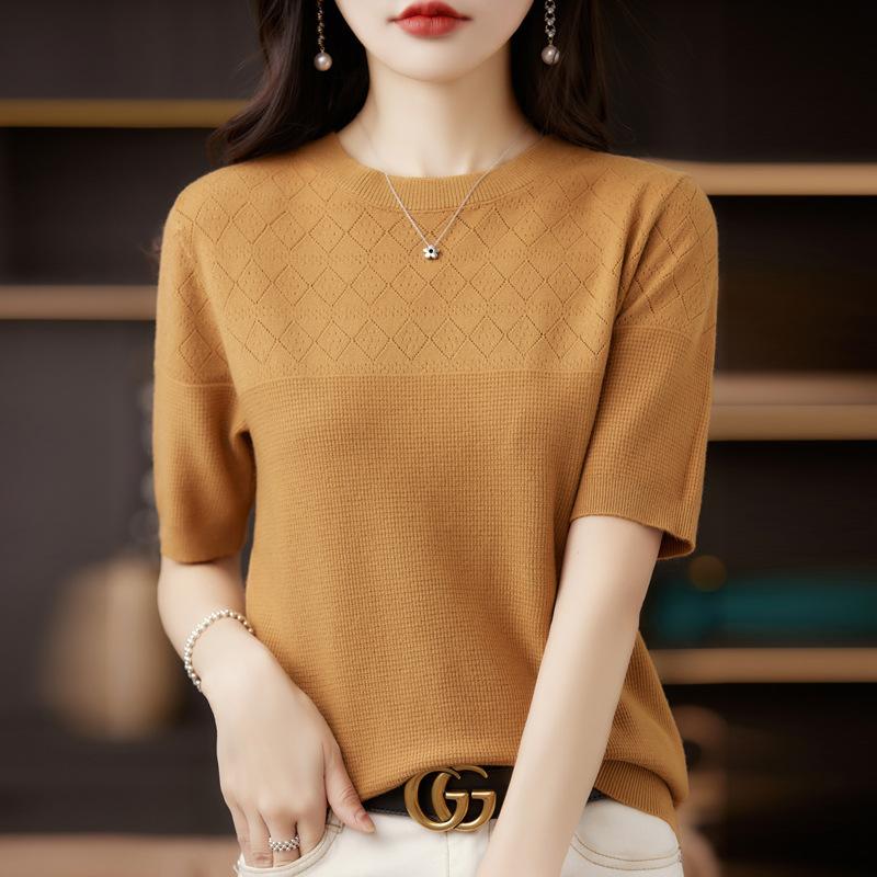 Spring Women's T-shirt Round Neck Knitted T-shirt Solid Colour Hollow Out Tops Knitwear