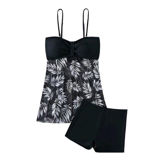 2Pcs/Set Tankini Set Adjustable Straps Padding Underwire Bandeau Tops Boxer Briefs Set Mesh