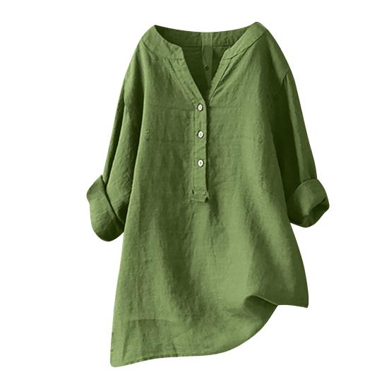 Women Casual Shirt V-Neck Buttons Half Placket Long Sleeve Blouse Solid Color Loose Fit Tunic Tops Office Lady Shirt