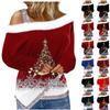 Женская футболка с неровным краем и рождественским принтом, длинный рукав с открытыми плечами, топ с пушистым флисовым воротником
