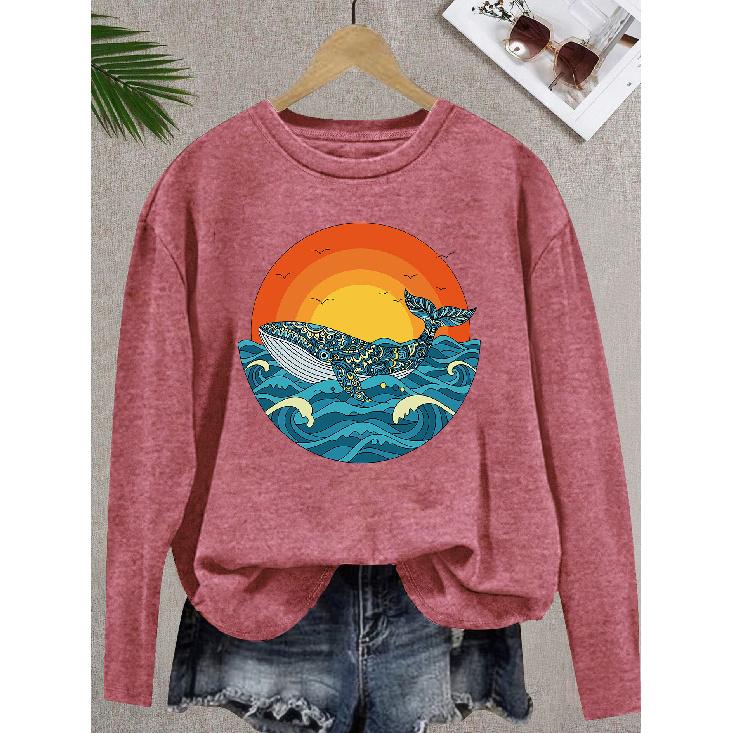 2026 New Elegant Women's Round Neck Long Sleeve T-Shirt Ethnic style design with whale & sunset illustration print, vintage distressed casual fit
