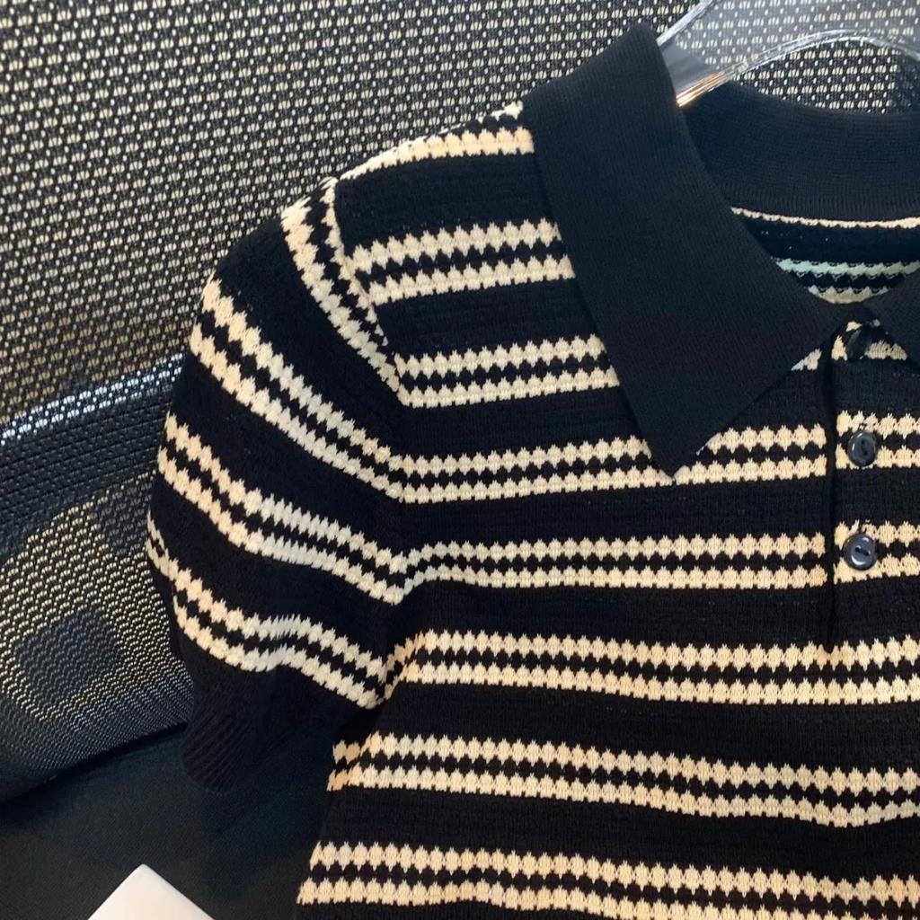 Women Summer Striped Casual Shirts Short Sleeve Knitted Slim Top