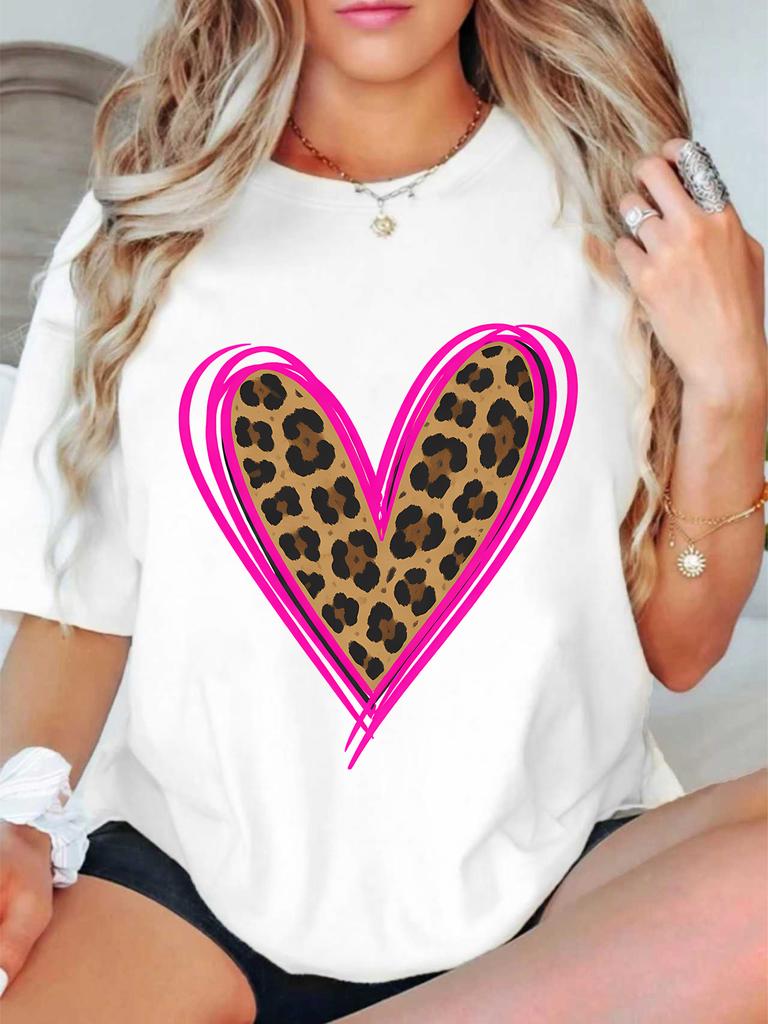2026 Leopard Print Heart Print Plus Size Women's Round Neck Summer Casual Short Sleeved Street Fashion Versatile T-shirt