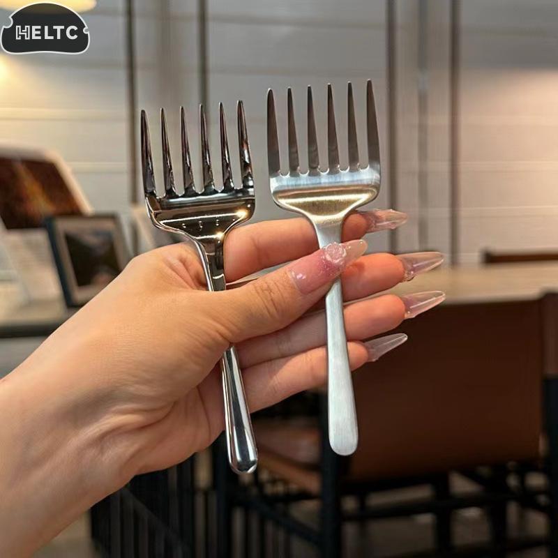 1pc Stainless Steel Fruit Fork Creative Korean Single Handle Six-tooth Steel Dessert Fork Fruit Fork Portable Cake Fork