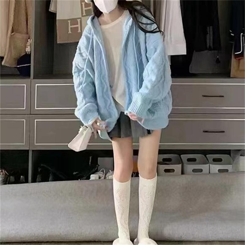 Ретро-твист однотонный свитер на молнии кардиган осень и зима свободный ленивый ветер с капюшоном вязаный кардиган куртка женская