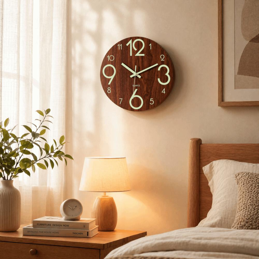 8 Inch 3D Wall Clock Wooden Glowing Hanging Clock Modern Luminous Wall Clock Living Room