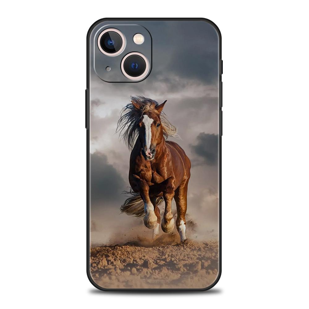Роскошный мягкий чехол из ТПУ для iPhone 16 11 15 14 Pro MAX 12 13 7 8 Plus X XR XS SE 2022 Черный чехол Лошадь Животное