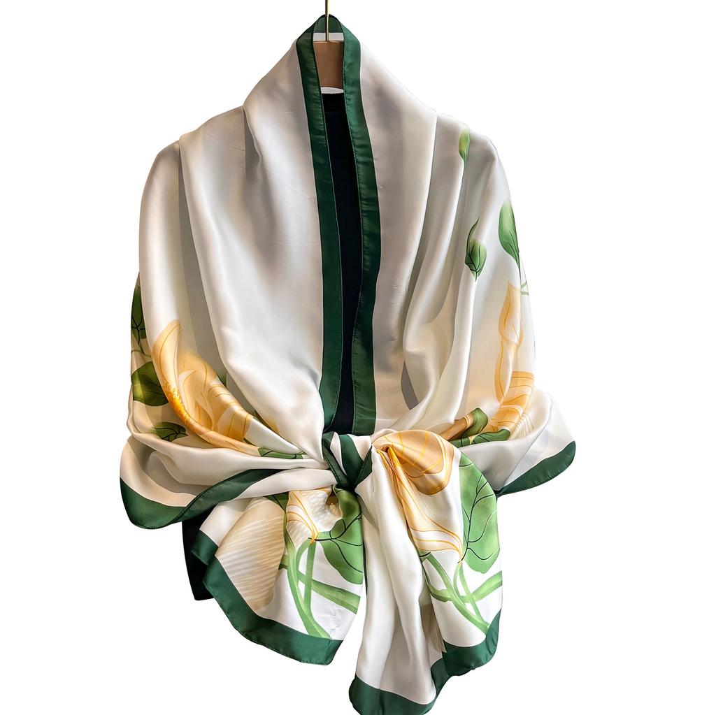 Шелковый шарф для весны и лета, женский элегантный длинный платок с листьями лотоса, дорожный солнцезащитный шарф