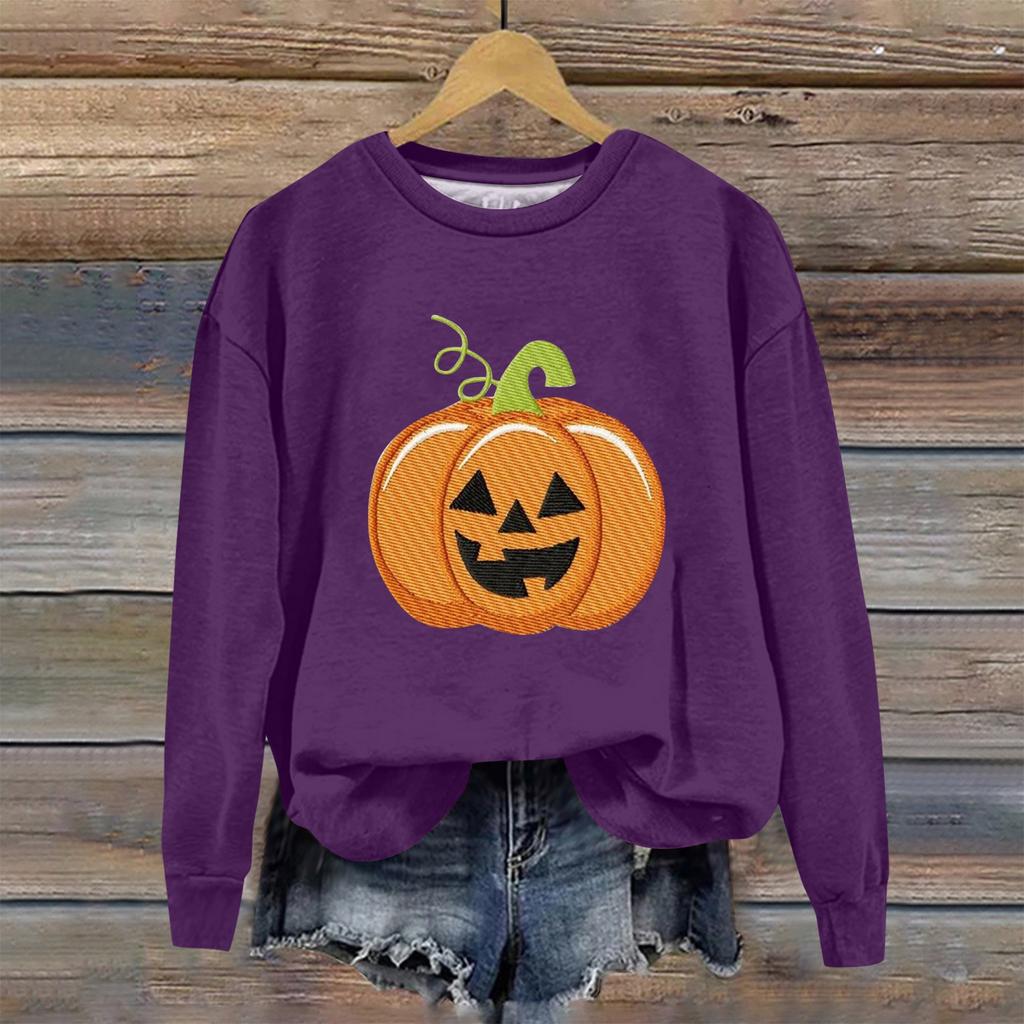 Женская мода Хэллоуин с длинным рукавом с принтом Свободная толстовка с круглым вырезом Топ