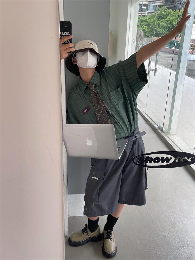 2023 Лето унисекс японский ретро полосатый лацкан короткий рукав модная рубашка