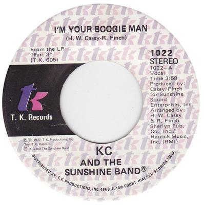 7-дюймовая пластинка KC & THE SUNSHINE BAND - I'm Your Boogie Man 1022 T.K. Пластинки 1977 США Соул/Фанк Б/У