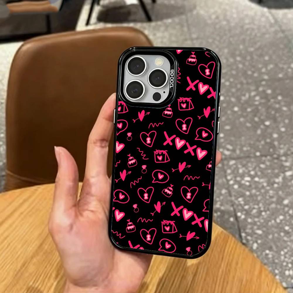 C-Cute P-Розовое Сердце Любви Чехол для Телефона Для iPhone17,16,15,14,13,12,11 Plus,Pro Max Цветной Посеребренный Внутренний Чехол