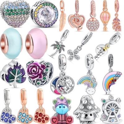 Стерлингового серебра 925 пробы, сверкающие перья, сосновая шишка, кулон, утки, цветы, бусины, подходят для браслета, ювелирные изделия