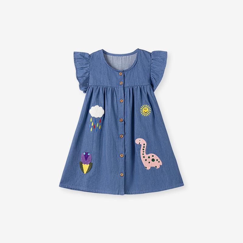 Little Maven Girls' Cartoon Appliqué Denim Dress - Short Sleeve Summer Style