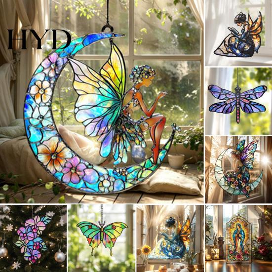 Seasonal Party Decorations Suncatcher Acrylic Stained Glass Effect Butterfly/Dragonfly/Fairy Ornament Window Outdoor Hanging Decor Holiday