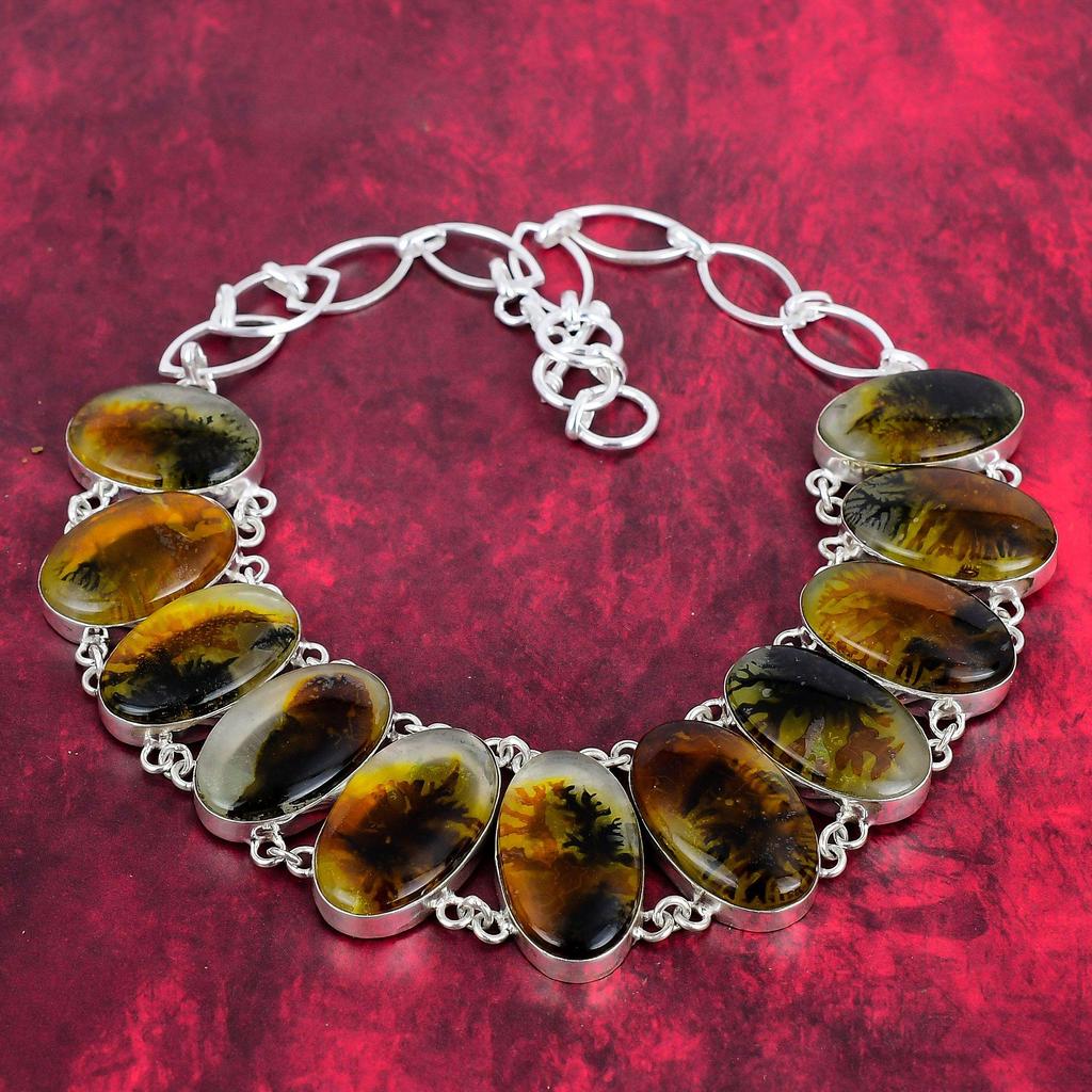 Браслет и ожерелье из драгоценного камня дендритового опала, комплект ювелирных изделий из стерлингового серебра 925 пробы, ювелирные изделия ручной работы, регулируемая цепочка, подарок на годовщину для нее