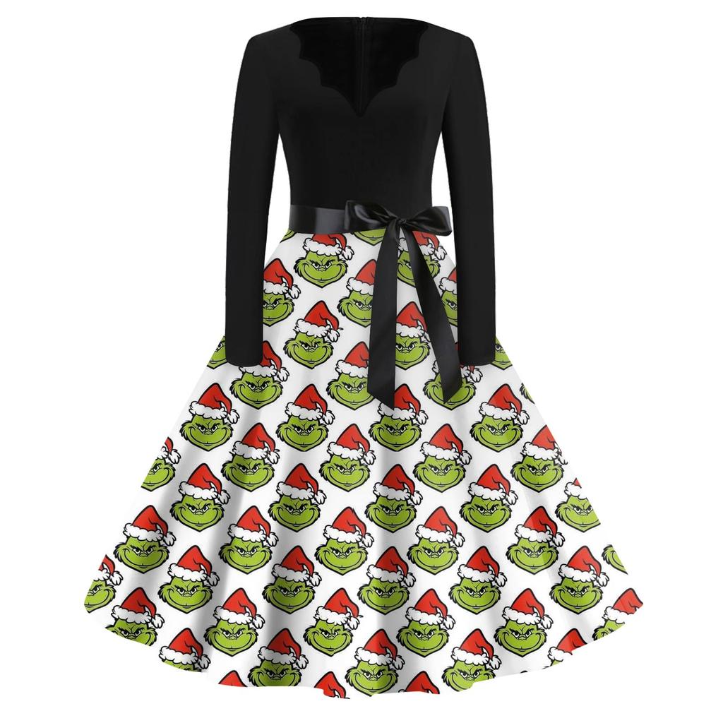 Women's Fashion V-neck Casual Slim-fit Christmas Print Long-sleeved Dress