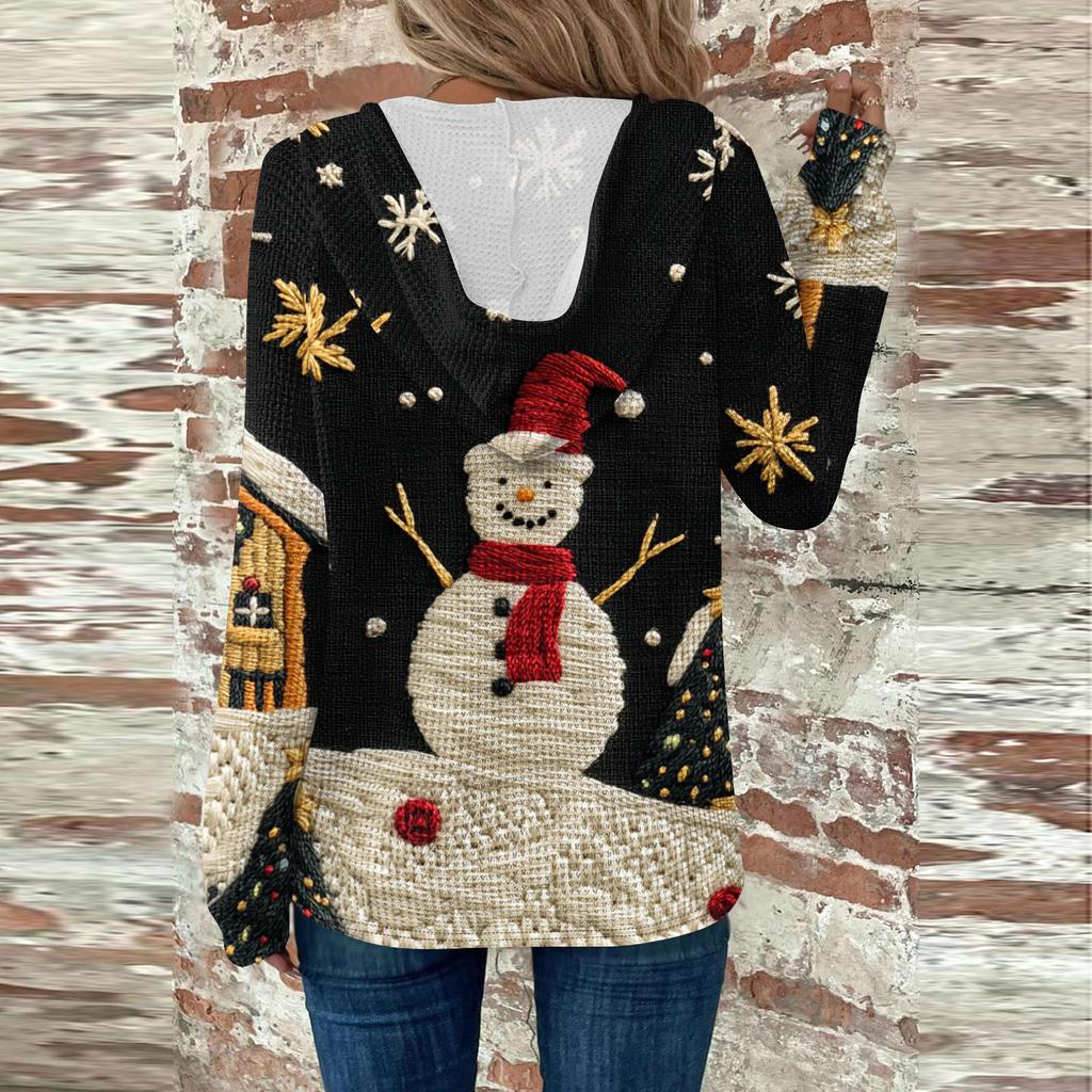 Женская мода с длинным рукавом, завязками на шнурке, капюшоном, пуговицами, V-образным вырезом, повседневная толстовка с капюшоном и рождественским принтом