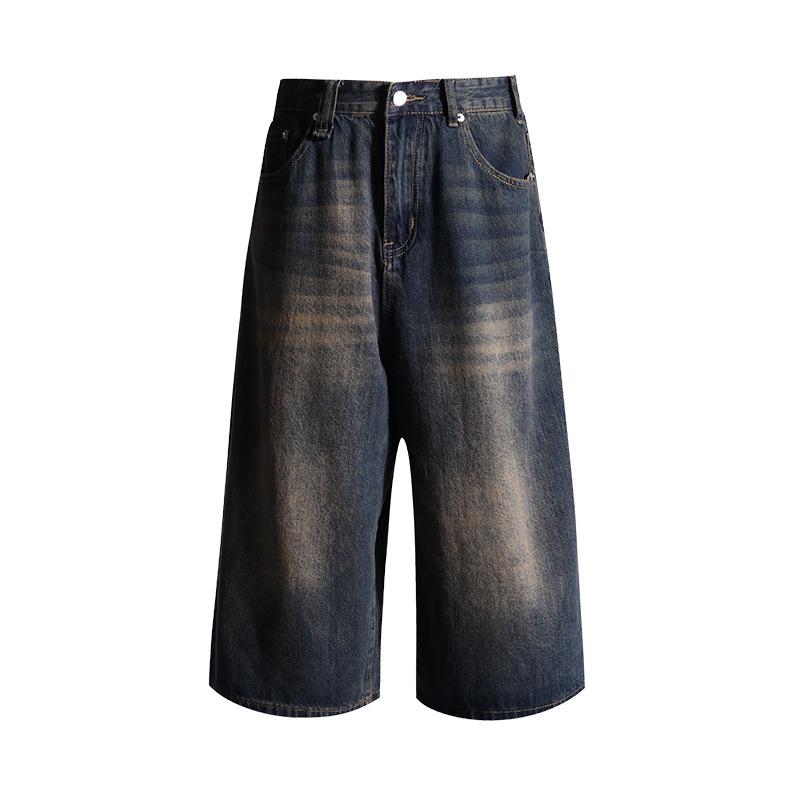 Retro Washed Distressed Wide Leg 7/8 Jeans - Unisex High Street Loose and Straight Mid-Length Shorts for Spring/Summer.